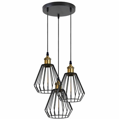 3-Light Wire Cage Pendant Cluster – Round Plate or Bar, E27 - Yellow Brass, Diamond Cage Black, Round Plate, Without Bulb