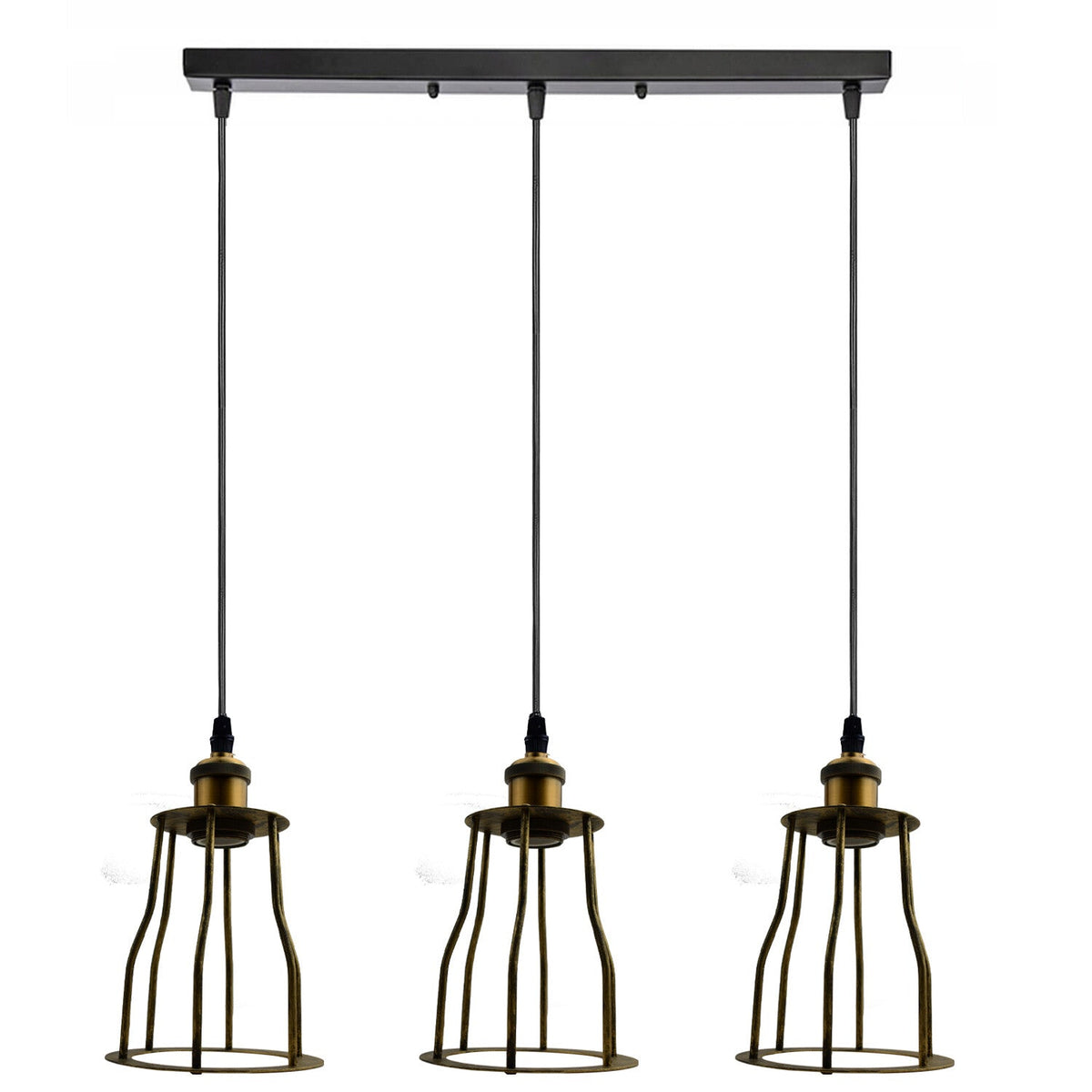 3-Light Wire Cage Pendant Cluster – Round Plate or Bar, E27 - Yellow Brass, Mesh Cage Brushed Copper, Bar, Without Bulb