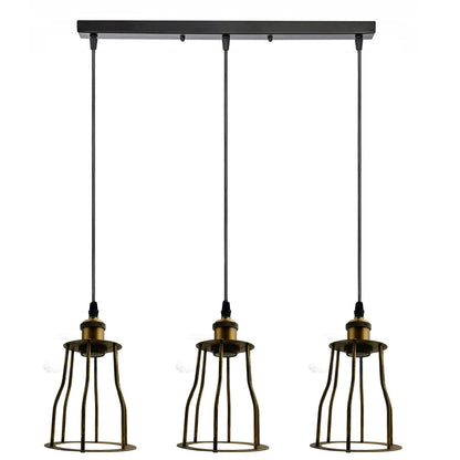3-Light Wire Cage Pendant Cluster – Round Plate or Bar, E27 - Yellow Brass, Mesh Cage Brushed Copper, Bar, Without Bulb