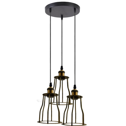 3-Light Wire Cage Pendant Cluster – Round Plate or Bar, E27 - Yellow Brass, Mesh Cage Brushed Copper, Round Plate, Without Bulb