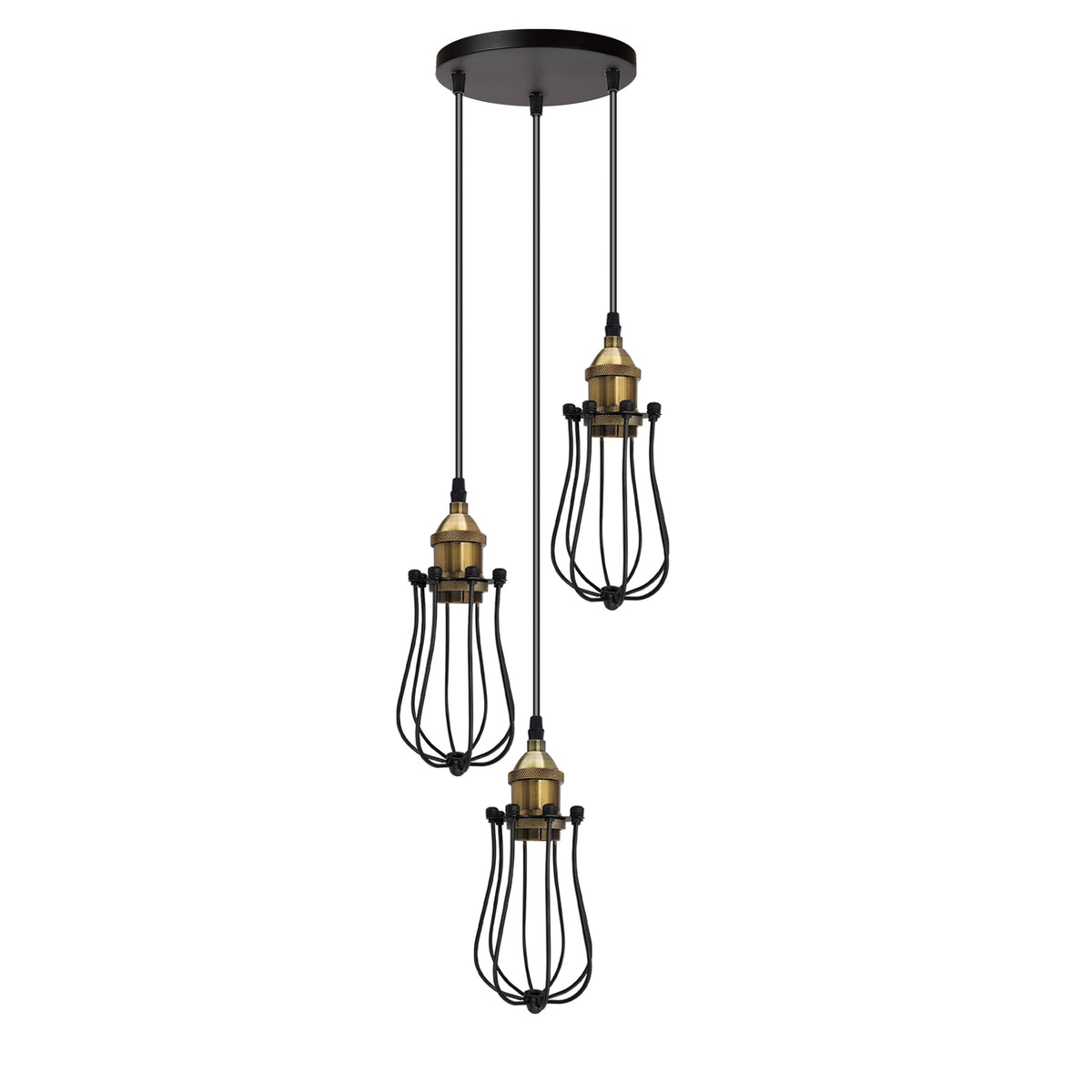3-Light Wire Cage Pendant Cluster – Round Plate or Bar, E27 - Yellow Brass, Round Cage Black, Round Plate, Without Bulb