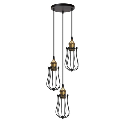 3-Light Wire Cage Pendant Cluster – Round Plate or Bar, E27 - Yellow Brass, Round Cage Black, Round Plate, Without Bulb