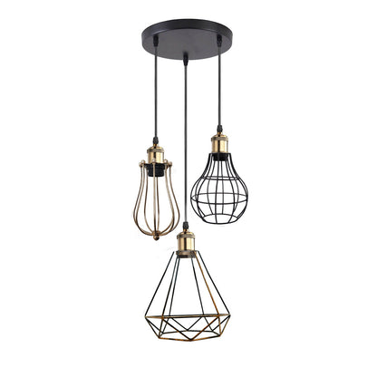 3-Light Wire Cage Pendant Cluster – Round Plate or Bar, E27 - Yellow Brass, Mixed Cages, Round Plate, Without Bulb