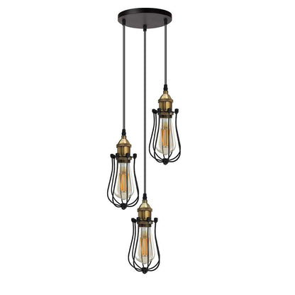 3-Light Wire Cage Pendant Cluster – Round Plate or Bar, E27 - Yellow Brass, Round Cage Black, Round Plate, T130 LED Bulb 4W