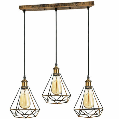 3-Light Wire Cage Pendant Cluster – Round Plate or Bar, E27 - Yellow Brass, Diamond Wire Cage Brushed Copper, Bar, Without Bulb