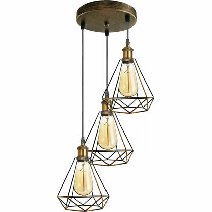 3-Light Wire Cage Pendant Cluster – Round Plate or Bar, E27 - Yellow Brass, Diamond Wire Cage Brushed Copper, Round Plate, Without Bulb