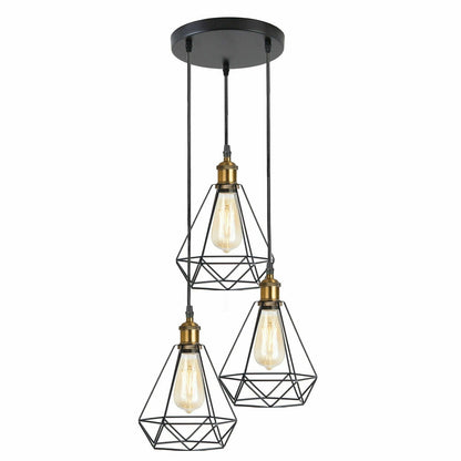 3-Light Wire Cage Pendant Cluster – Round Plate or Bar, E27 - Yellow Brass, Diamond Wire Cage Black, Round Plate, Without Bulb