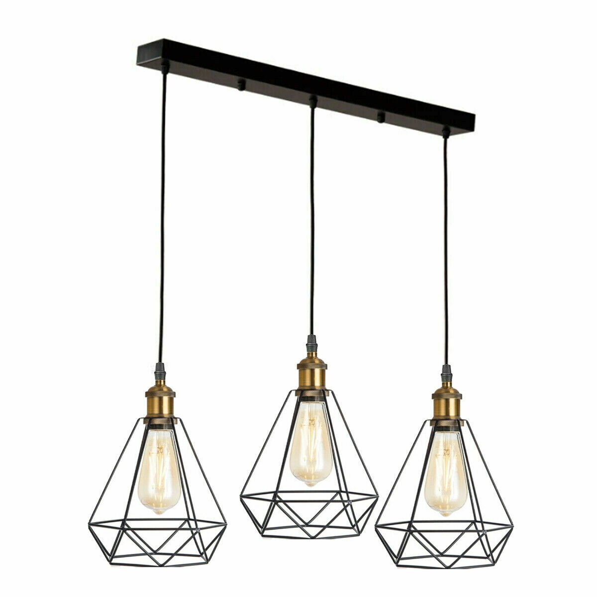 3-Light Wire Cage Pendant Cluster – Round Plate or Bar, E27 - Yellow Brass, Diamond Wire Cage Black, Bar, Without Bulb