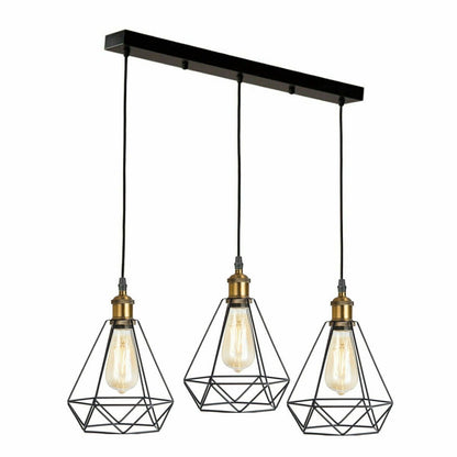3-Light Wire Cage Pendant Cluster – Round Plate or Bar, E27 - Yellow Brass, Diamond Wire Cage Black, Bar, Without Bulb
