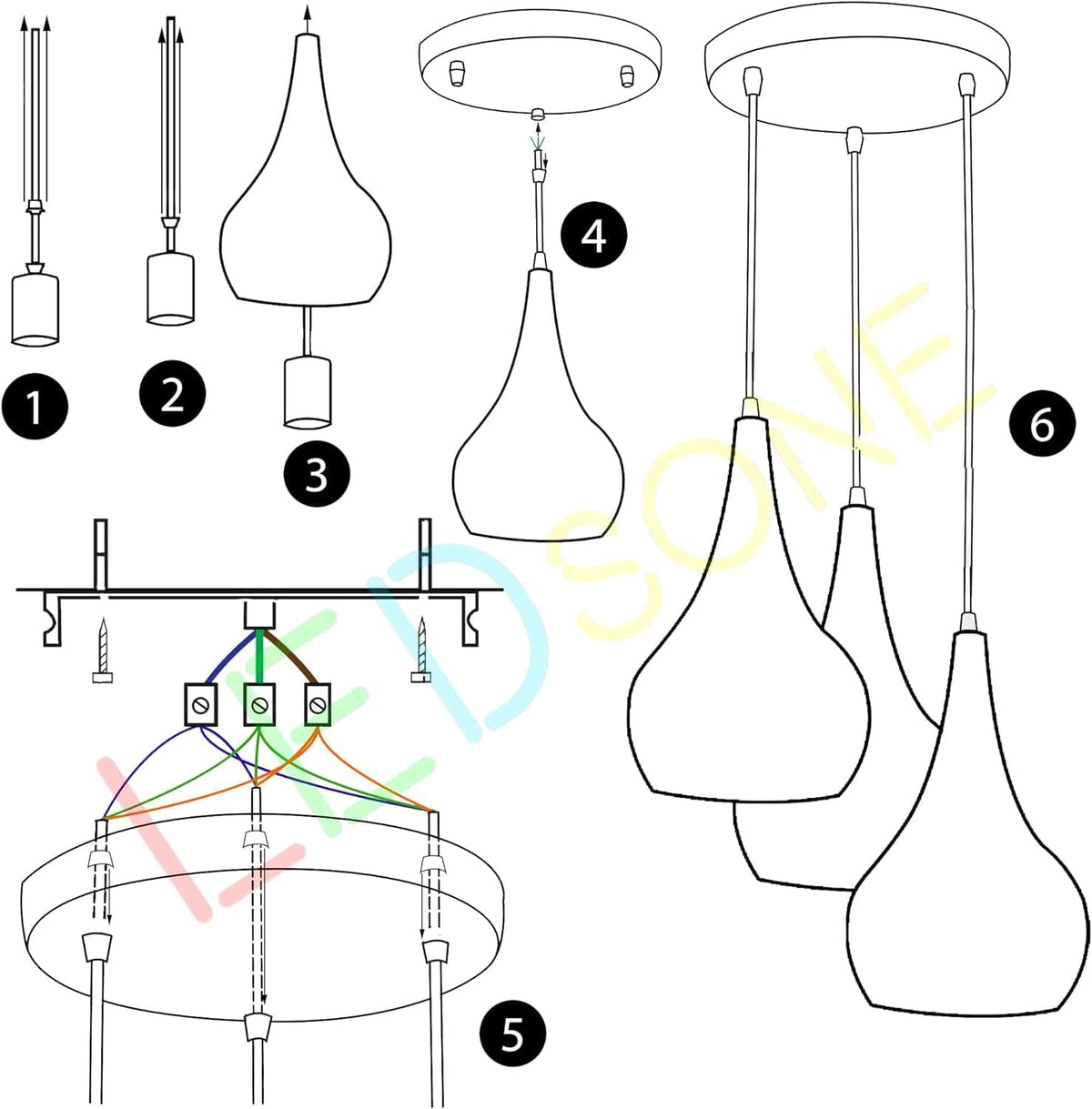 3 Light Teardrop Cluster Pendant – Round Plate, 9 Colours, E27 - photo 11