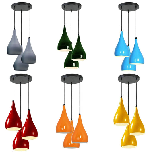 3 Light Teardrop Cluster Pendant – Round Plate, 9 Colours, E27 - photo 2