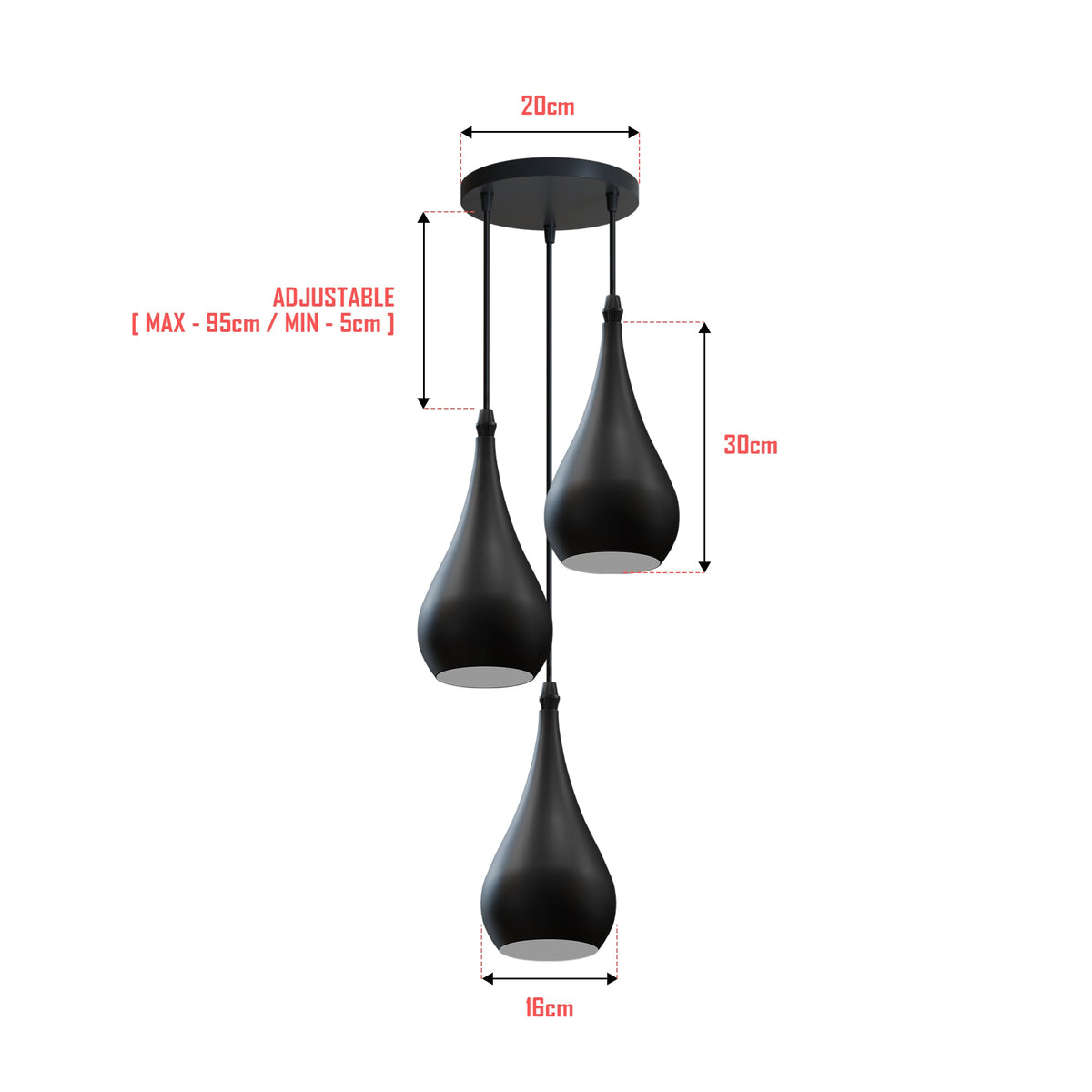 3 Light Teardrop Cluster Pendant – Round Plate, 9 Colours, E27 - photo 4