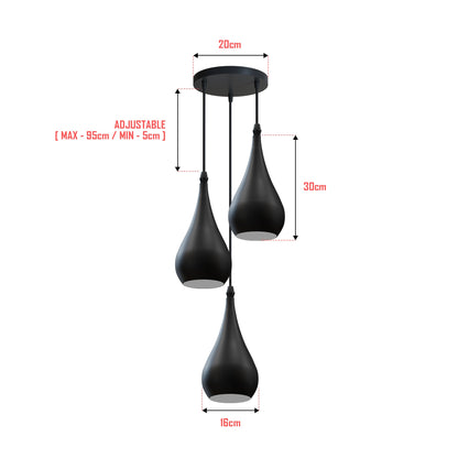 3 Light Teardrop Cluster Pendant – Round Plate, 9 Colours, E27 - photo 4