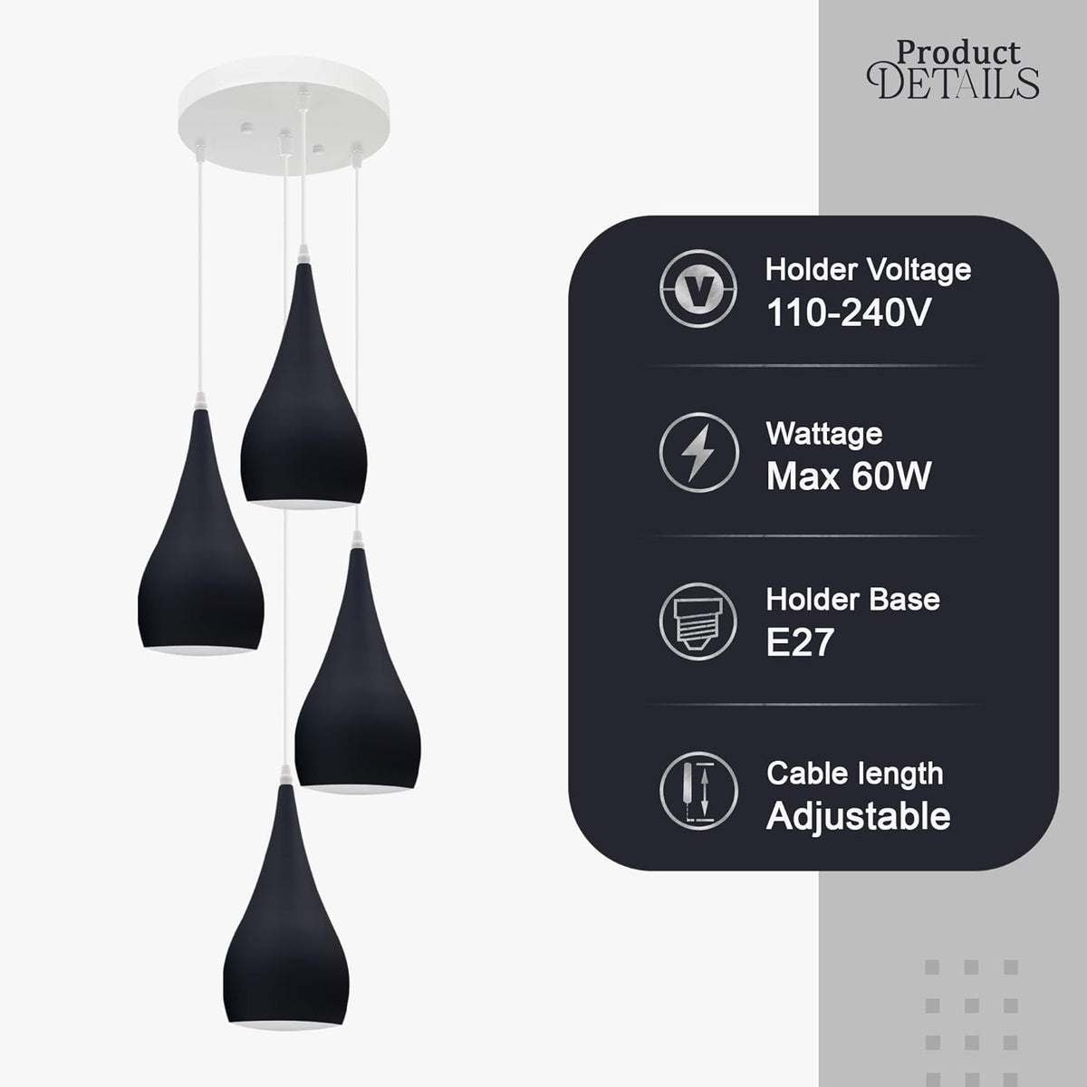 3 Light Teardrop Cluster Pendant – Round Plate, 9 Colours, E27 - photo 5
