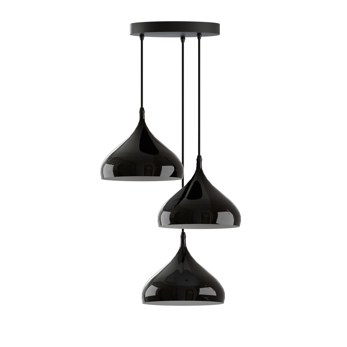 3 Light Teardrop Cluster Pendant – Round Plate, 9 Colours, E27 - Black, 3 Wide Domes Shiny Black, Without Bulb