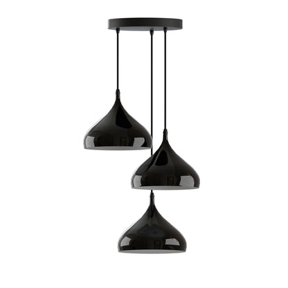 3 Light Teardrop Cluster Pendant – Round Plate, 9 Colours, E27 - Black, 3 Wide Domes Shiny Black, Without Bulb