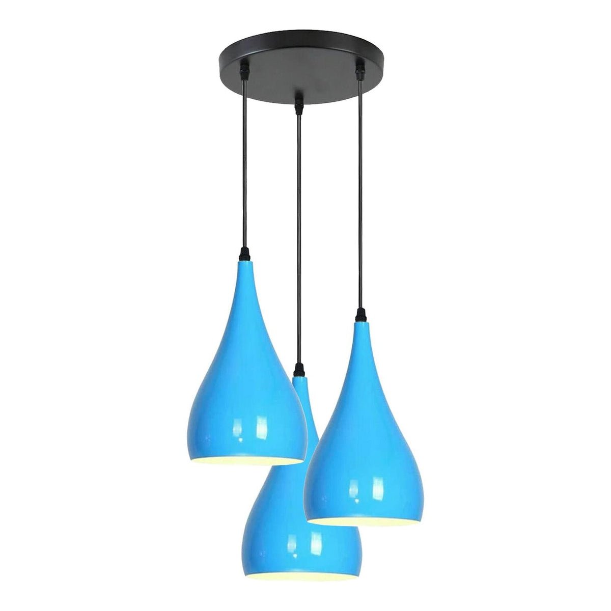 3 Light Teardrop Cluster Pendant – Round Plate, 9 Colours, E27 - Black, 3 Teardrops Blue, Without Bulb