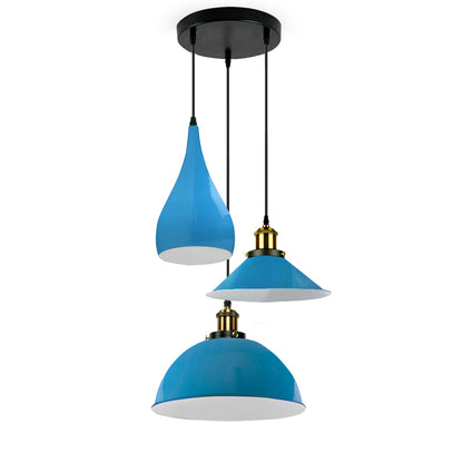 3 Light Teardrop Cluster Pendant – Round Plate, 9 Colours, E27 - Black, Mixed Set Blue (Teardrop, Dome, Cone), Without Bulb