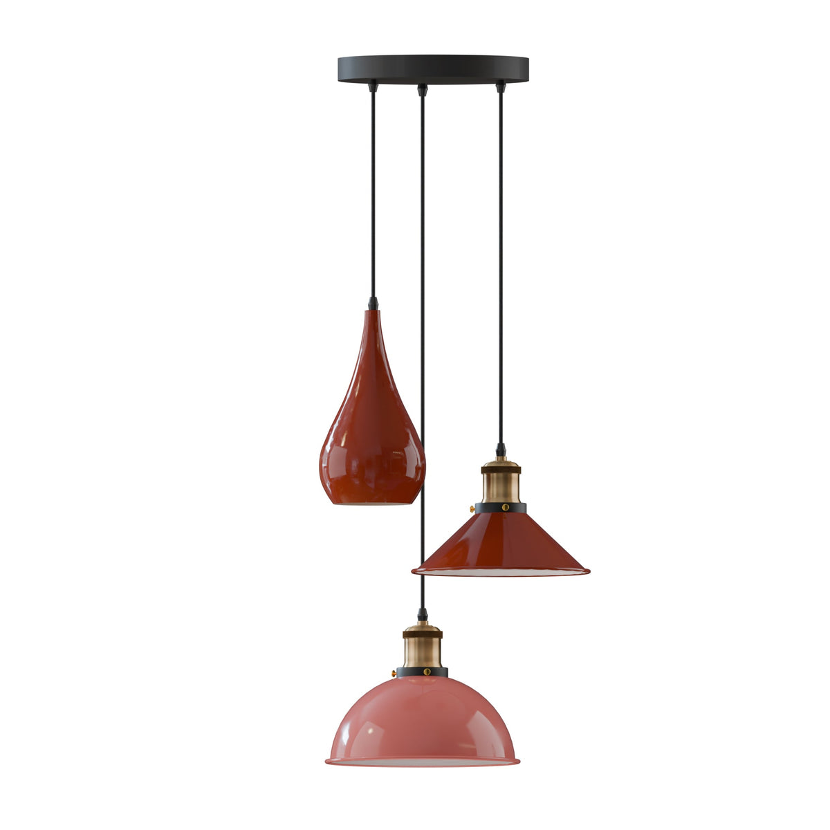 3 Light Teardrop Cluster Pendant – Round Plate, 9 Colours, E27 - Black, Mixed Set Burgundy (Teardrop, Dome, Cone), Without Bulb