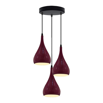 3 Light Teardrop Cluster Pendant – Round Plate, 9 Colours, E27 - Black, 3 Teardrops Burgundy, Without Bulb