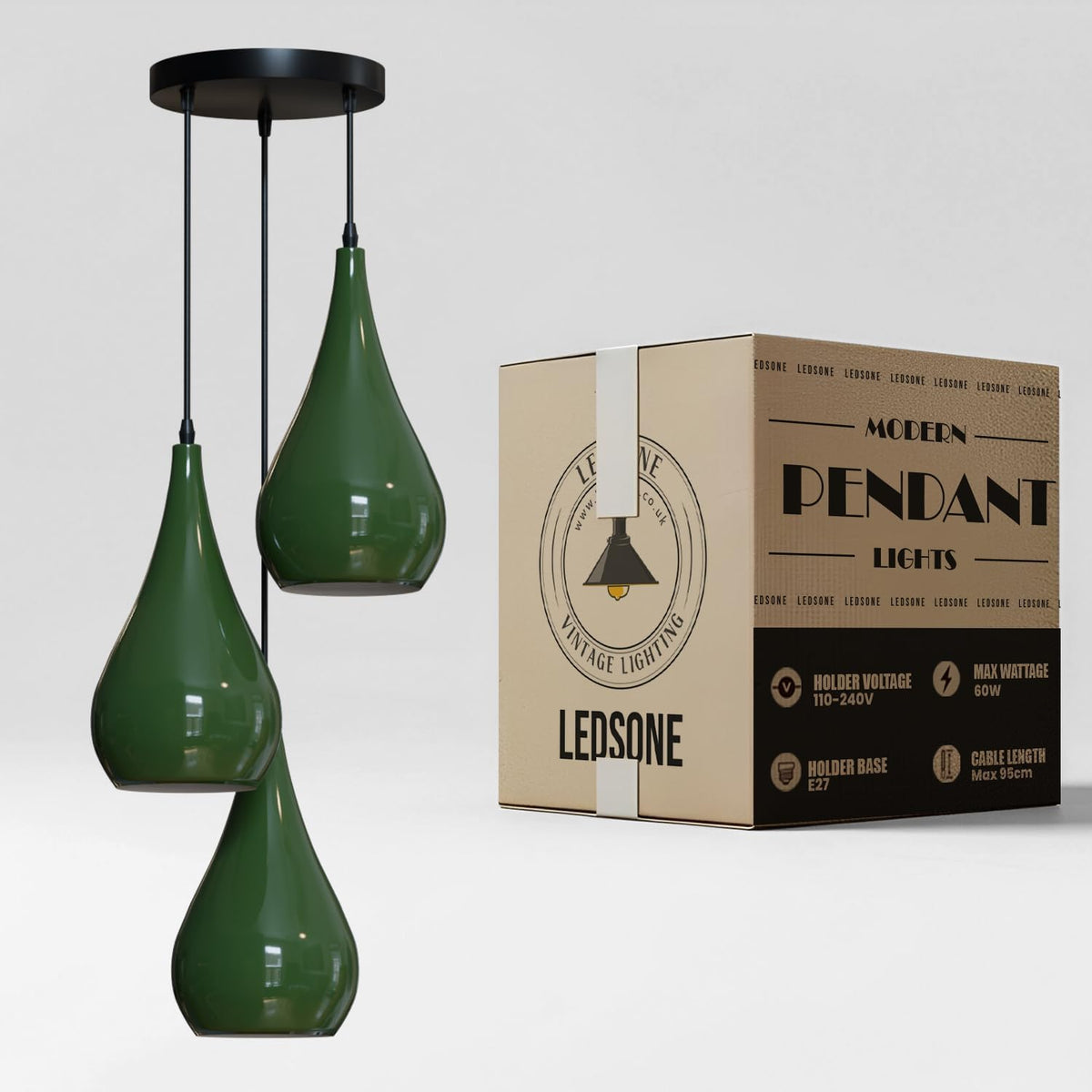 3 Light Teardrop Cluster Pendant – Round Plate, 9 Colours, E27 - Black, 3 Teardrops Green, Without Bulb