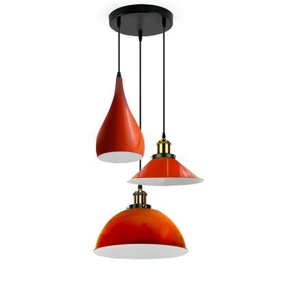 3 Light Teardrop Cluster Pendant – Round Plate, 9 Colours, E27 - Black, Mixed Set Orange (Teardrop, Dome, Cone), Without Bulb
