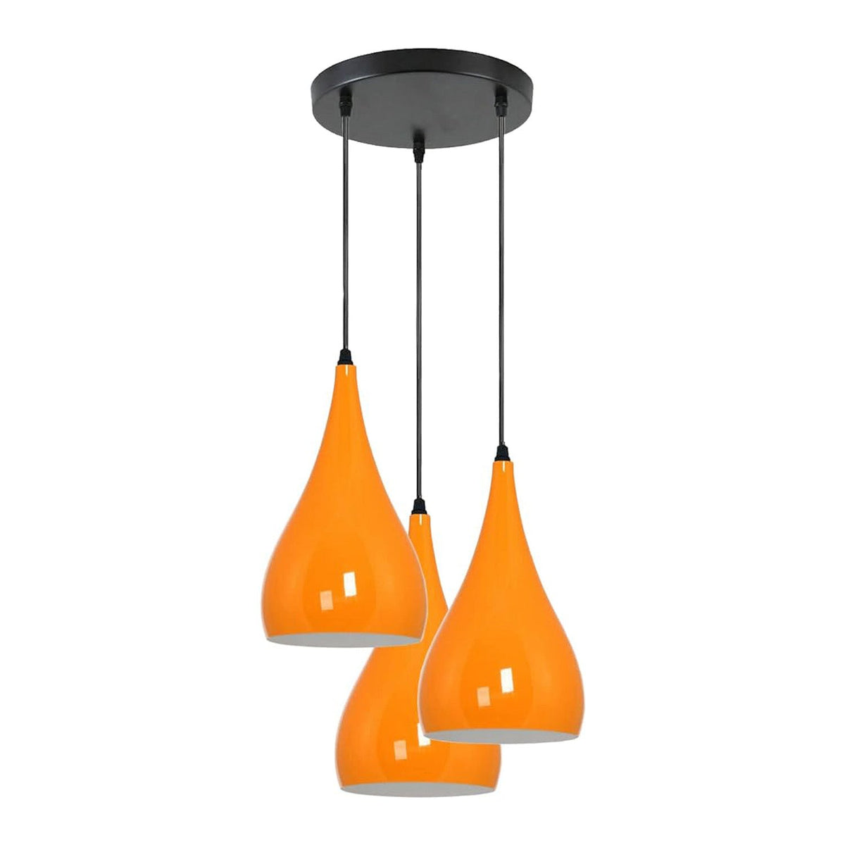 3 Light Teardrop Cluster Pendant – Round Plate, 9 Colours, E27 - Black, 3 Teardrops Orange, Without Bulb