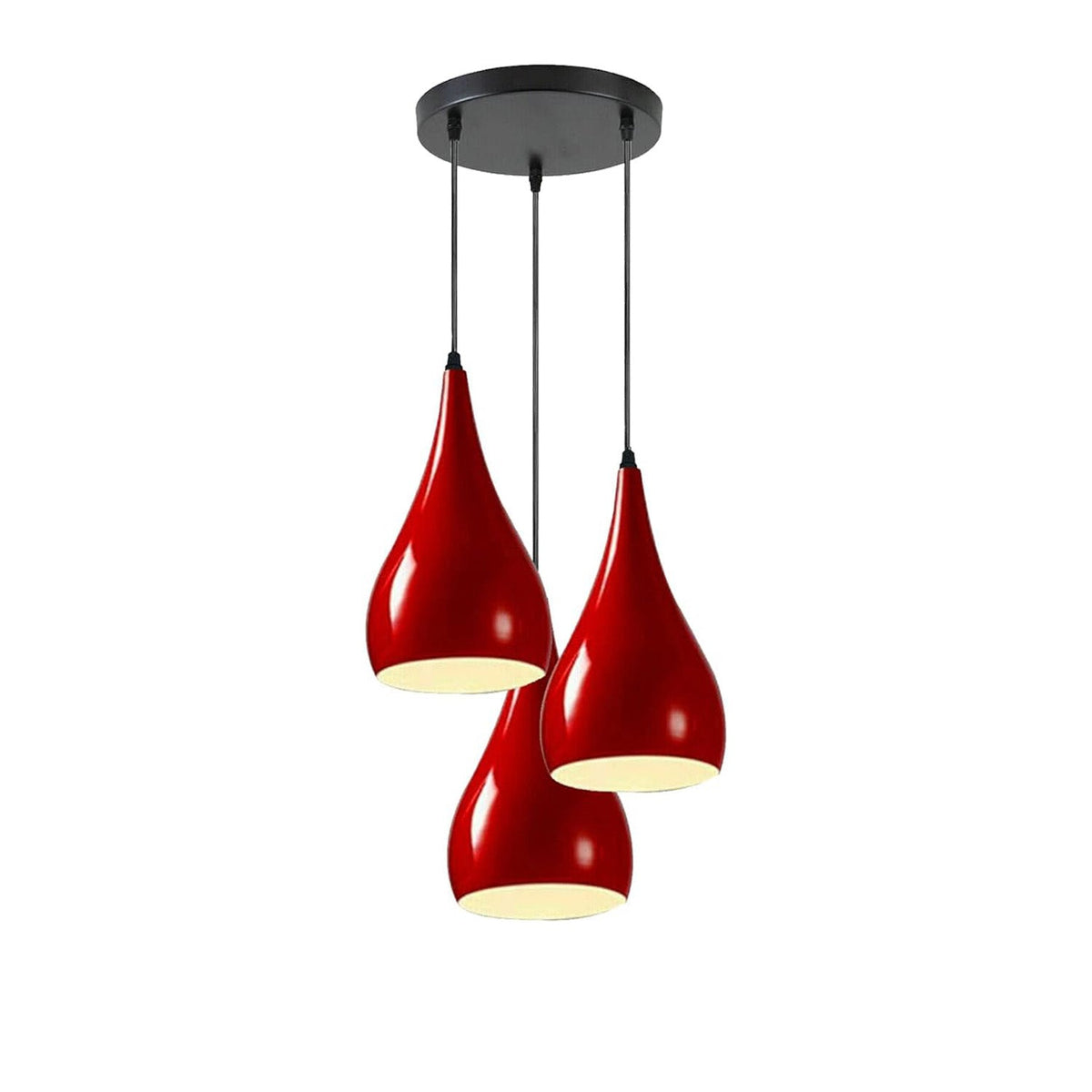 3 Light Teardrop Cluster Pendant – Round Plate, 9 Colours, E27 - Black, 3 Teardrops Red, Without Bulb