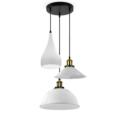 3 Light Teardrop Cluster Pendant – Round Plate, 9 Colours, E27 - Black, Mixed Set White (Teardrop, Dome, Cone), Without Bulb