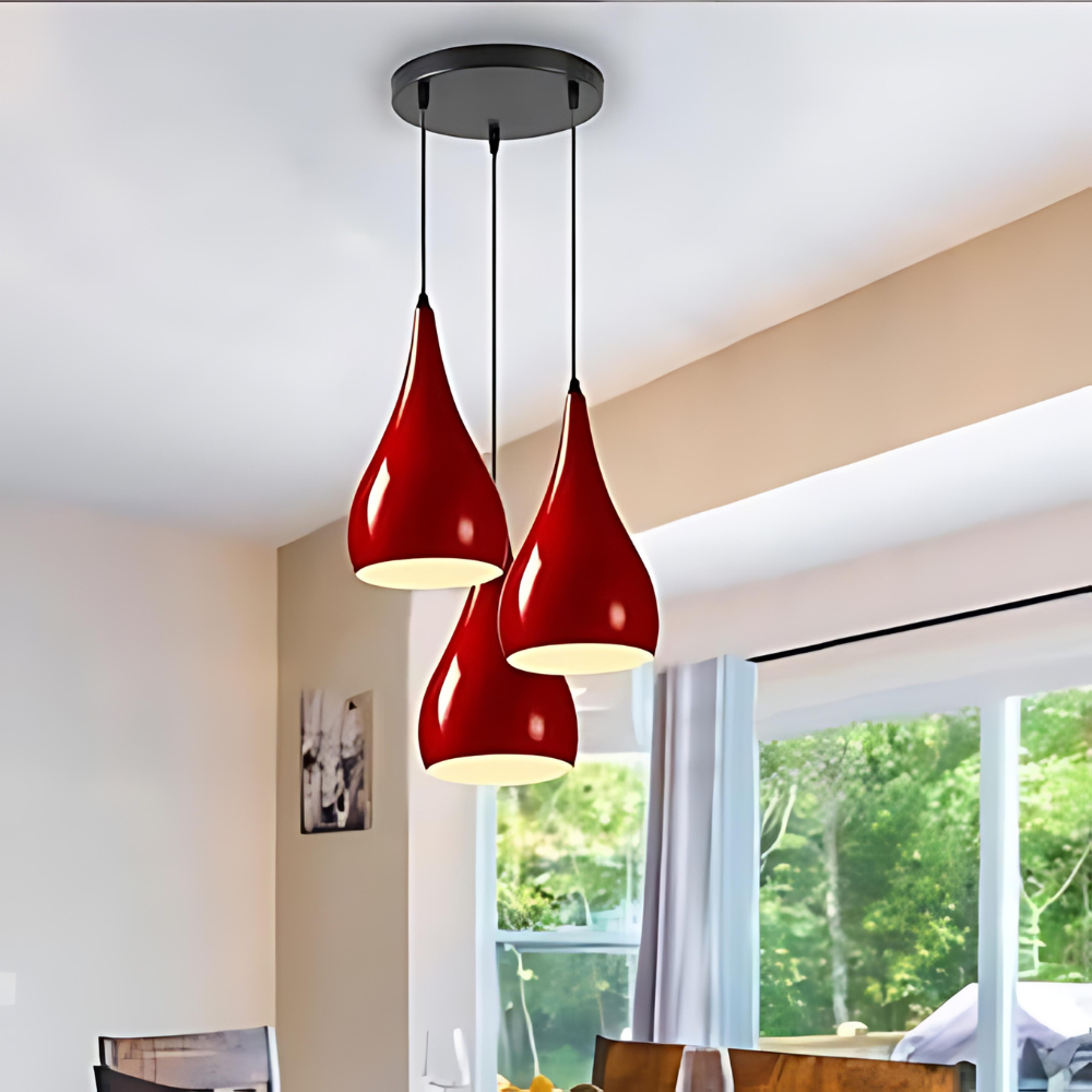 3 Light Teardrop Cluster Pendant – Round Plate, 9 Colours, E27