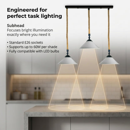 3-Light Hemp Rope Pendant Bar – Flat Cone Shades, Black or White - photo 2