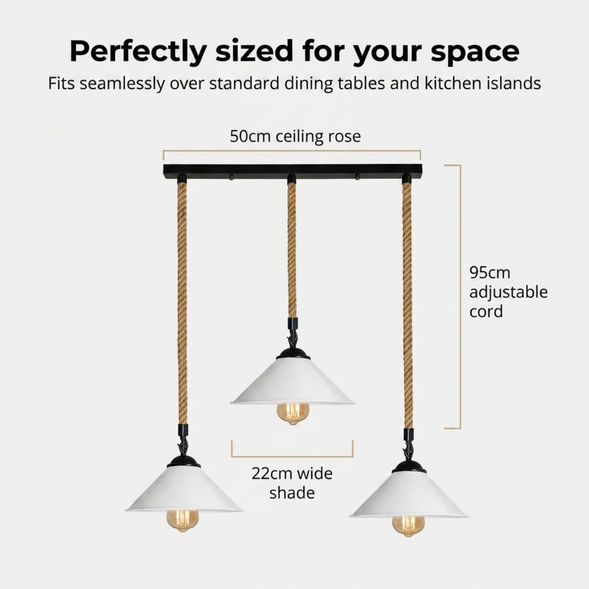 3-Light Hemp Rope Pendant Bar – Flat Cone Shades, Black or White - photo 3