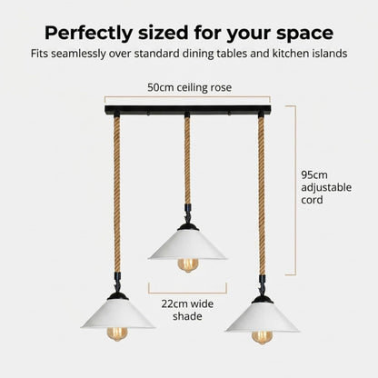 3-Light Hemp Rope Pendant Bar – Flat Cone Shades, Black or White - photo 3