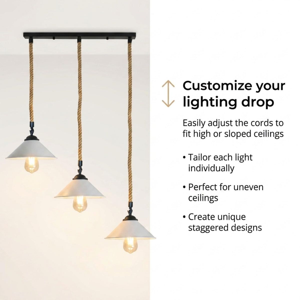 3-Light Hemp Rope Pendant Bar – Flat Cone Shades, Black or White - photo 5