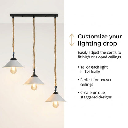 3-Light Hemp Rope Pendant Bar – Flat Cone Shades, Black or White - photo 5