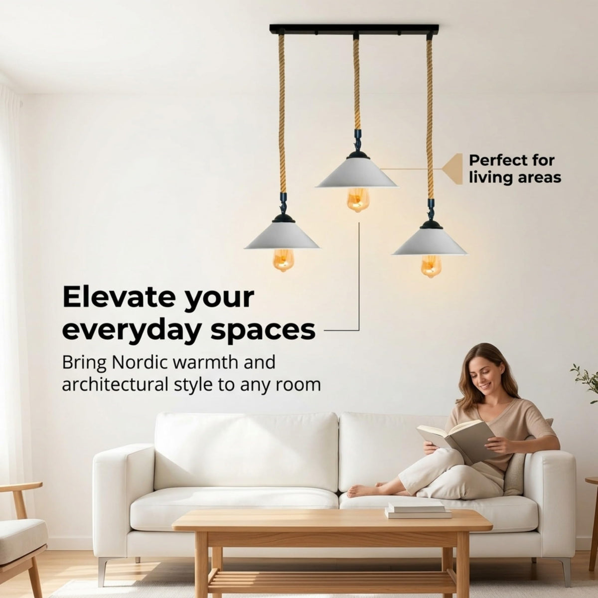3-Light Hemp Rope Pendant Bar – Flat Cone Shades, Black or White - photo 7