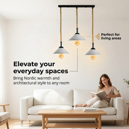 3-Light Hemp Rope Pendant Bar – Flat Cone Shades, Black or White - photo 7
