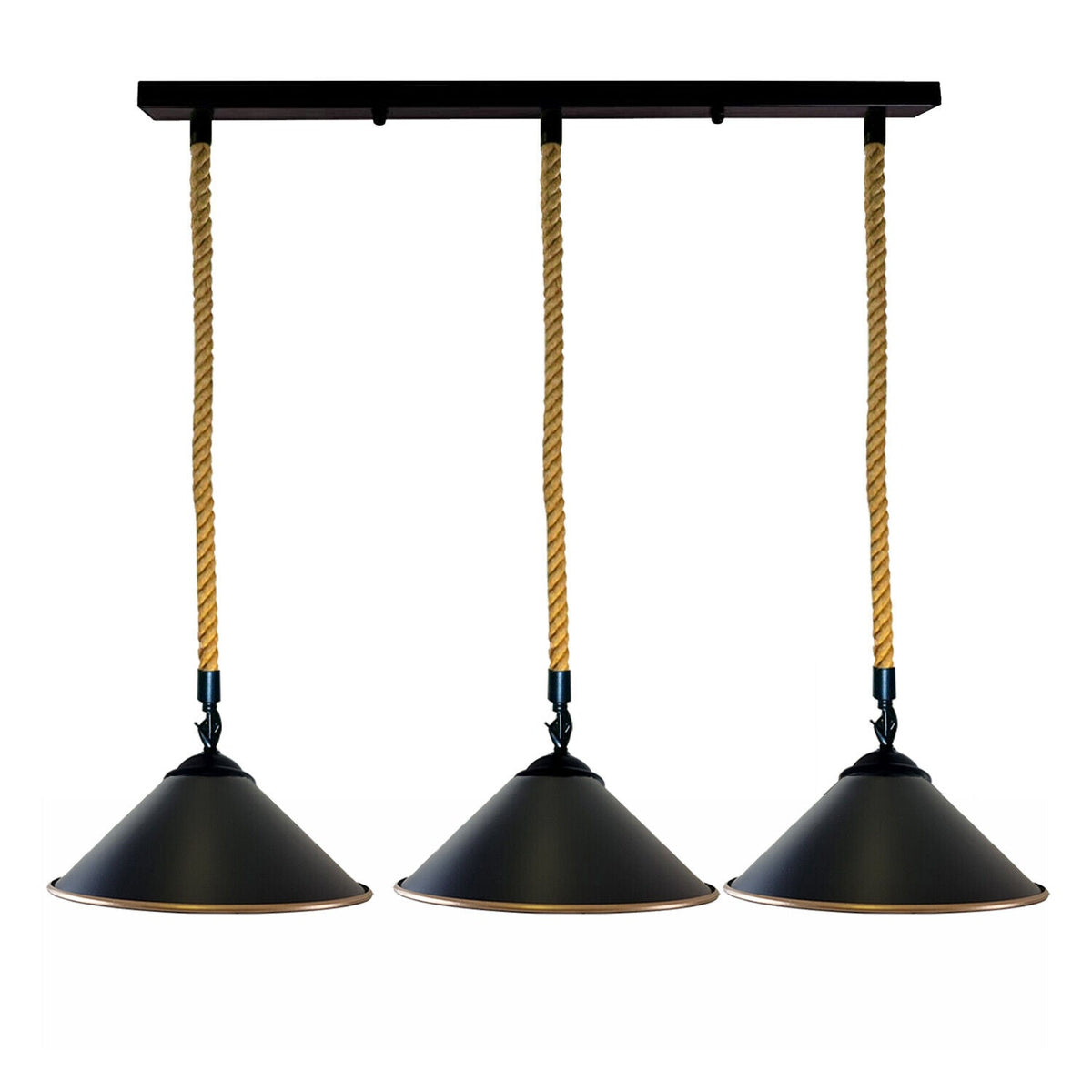 3-Light Hemp Rope Pendant Bar – Flat Cone Shades, Black or White - Black, Flat Cone 22 cm Black & Gold Line, Without Bulb