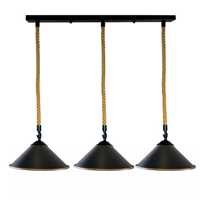 3-Light Hemp Rope Pendant Bar – Flat Cone Shades, Black or White - Black, Flat Cone 22 cm Black & Gold Line, Without Bulb