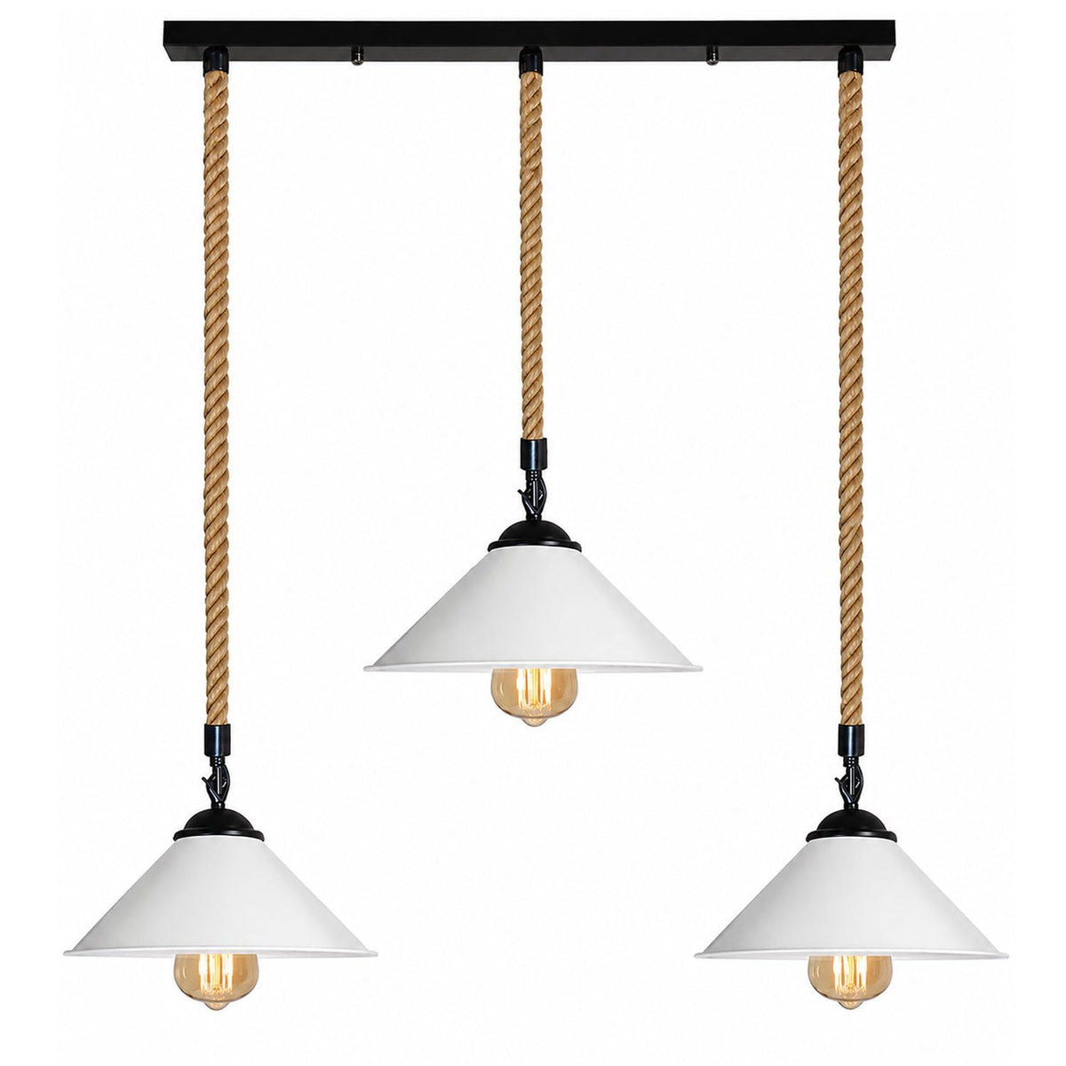 3-Light Hemp Rope Pendant Bar – Flat Cone Shades, Black or White - Black, Flat Cone 22 cm White, Without Bulb