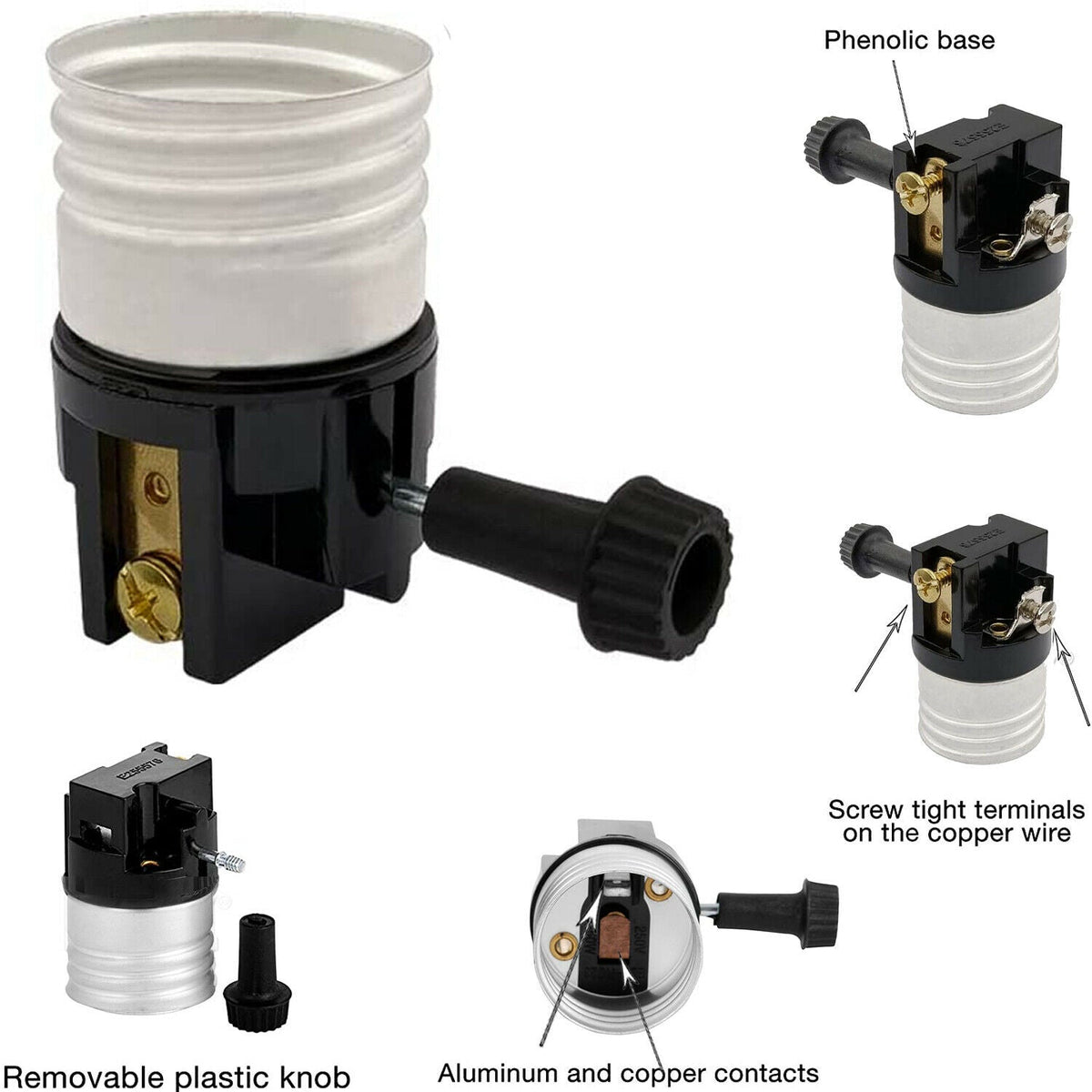 Turn Knob Switched E27 Lamp Socket – Black, Replacement - photo 2