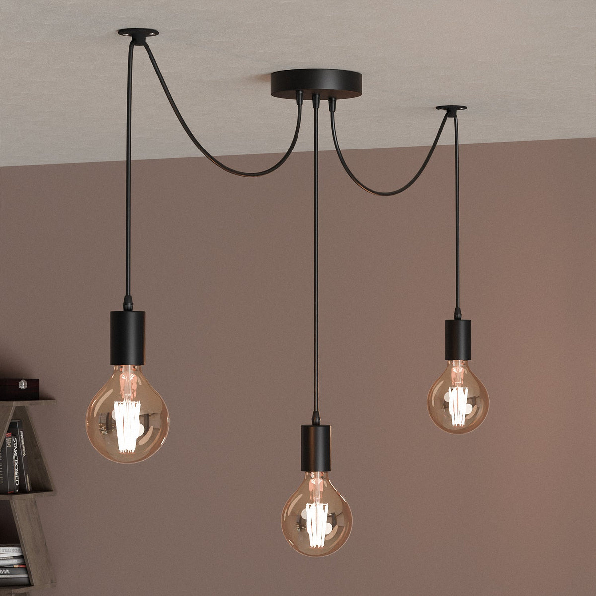 3 Light Spider Pendant – 1.5 m Swag Cables, Black, E27 - photo 4