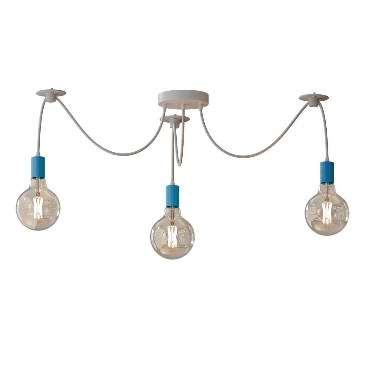 3-Way Spider Pendant Light – Adjustable Cables, E27, 6 Colours - Blue, No Shade 120 mm Rose Hook, Without Bulb