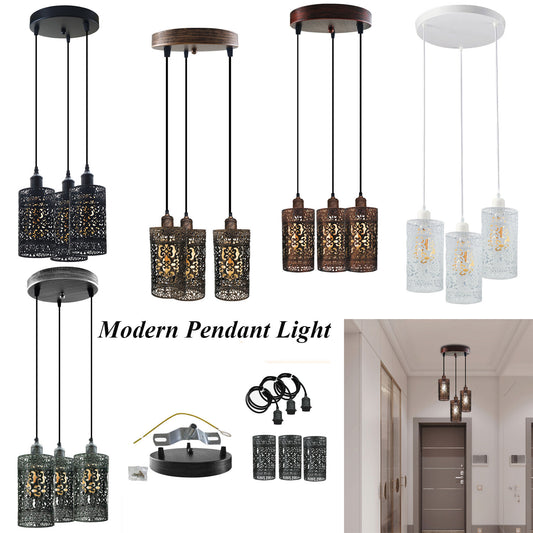 3-Light Barrel Cage Pendant Cluster – Antique Metal, Round Plate or Bar