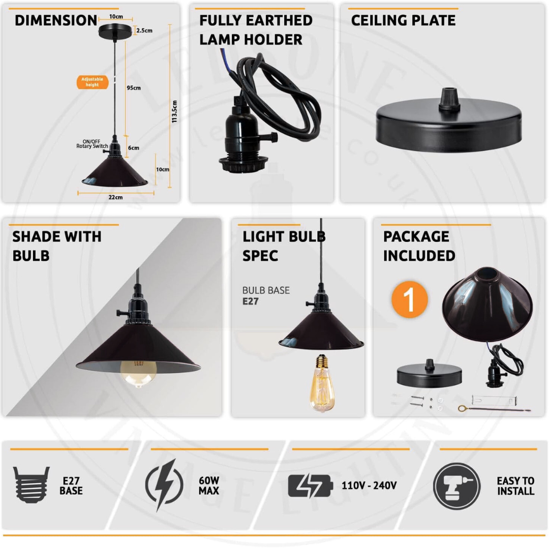 Switched Pendant Light – E27 Holder with On/Off Switch, 35 Shades - photo 3