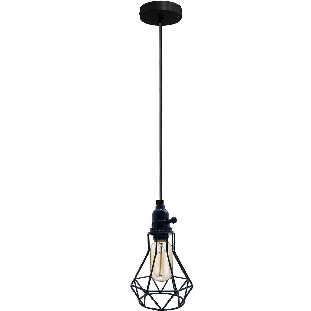 Switched Pendant Light – E27 Holder with On/Off Switch, 35 Shades - Black, Geometric Cage Black, Without Bulb