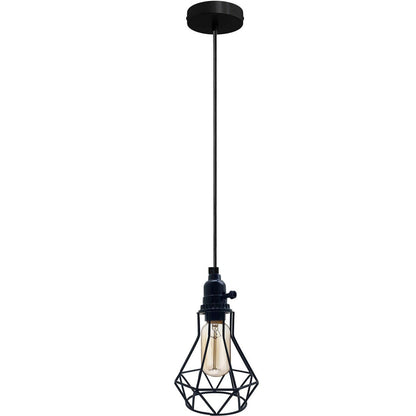 Switched Pendant Light – E27 Holder with On/Off Switch, 35 Shades - Black, Geometric Cage Black, Without Bulb