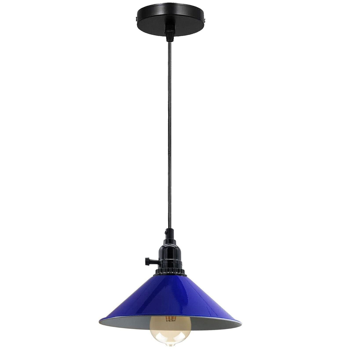 Switched Pendant Light – E27 Holder with On/Off Switch, 35 Shades - Black, Flat Cone 22 cm Navy Blue, Without Bulb