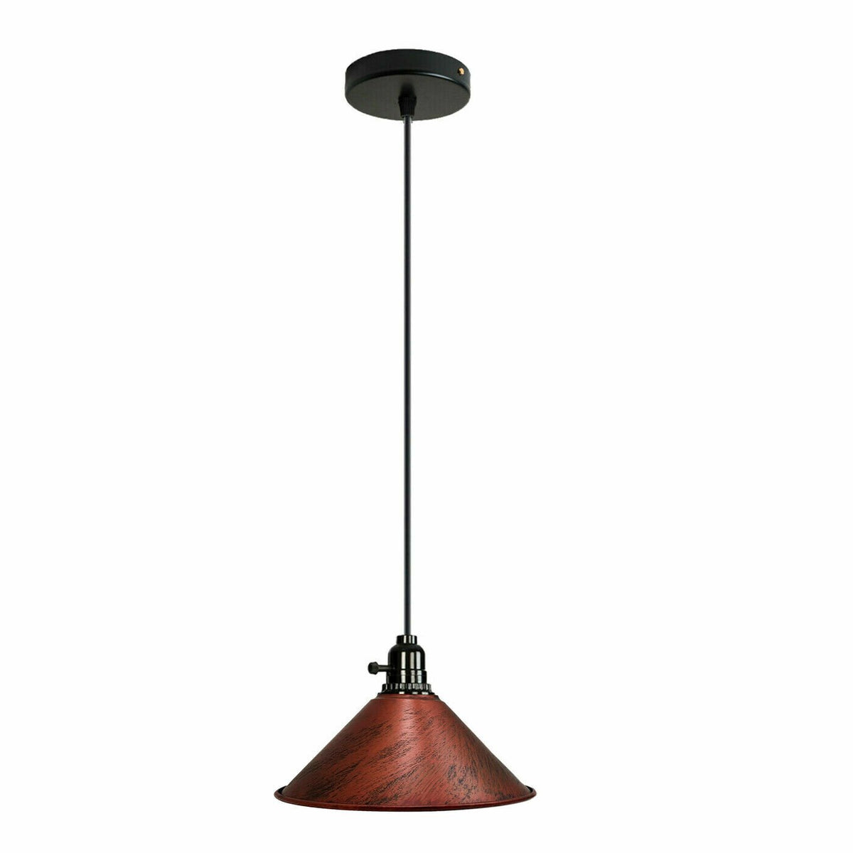 Switched Pendant Light – E27 Holder with On/Off Switch, 35 Shades - Black, Flat Cone 22 cm Rustic Red, Without Bulb