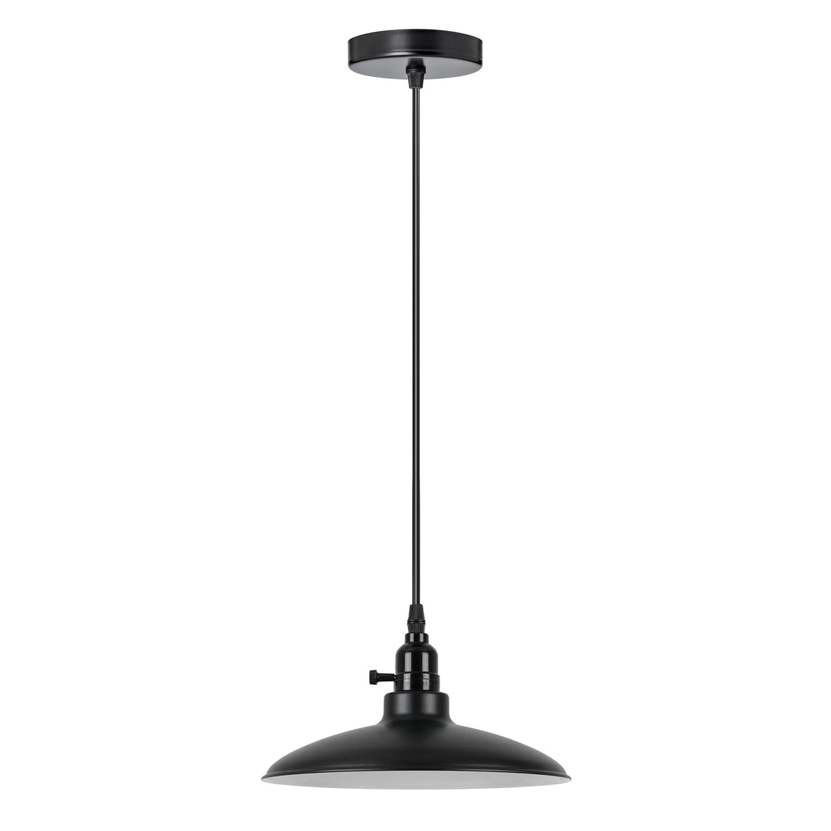 Switched Pendant Light – E27 Holder with On/Off Switch, 35 Shades - Black, Flat Cone 25.5 cm Black & White Inner, Without Bulb